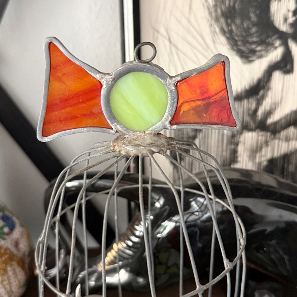 Vintage Stained Glass Bird in Wire Cage Decor - Picture 3 of 4